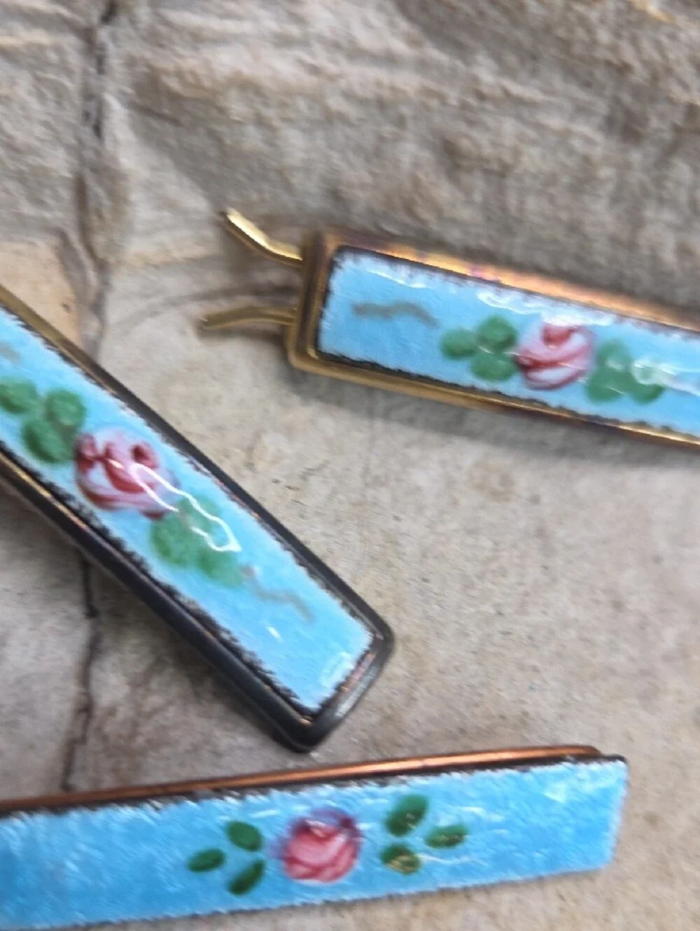 Antique Guilloche Sweater Clips, Hair Pins Floral Hand-Painted Blue Enamel Set